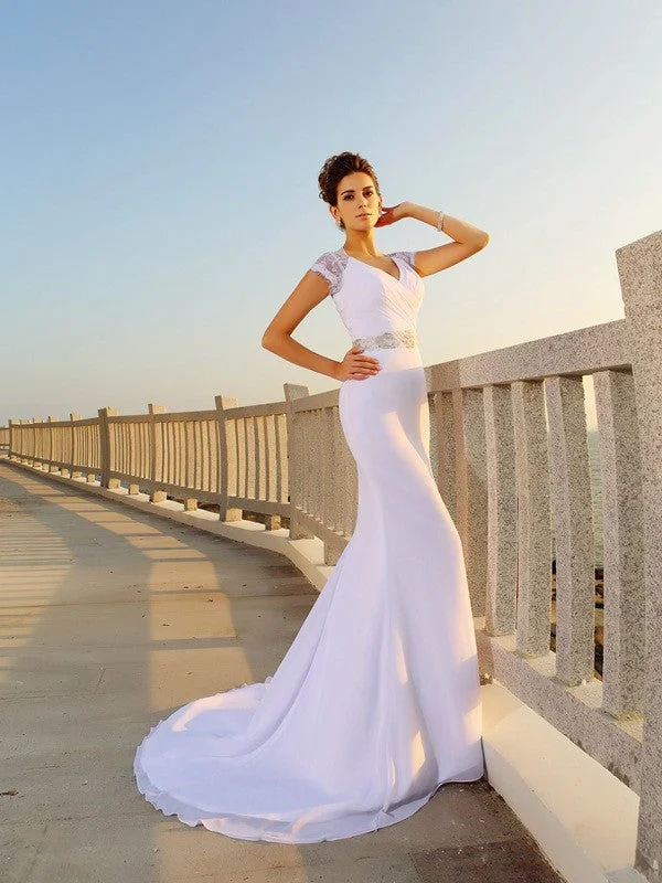 Sheath/Column V-neck Beading Sleeveless Long Chiffon Beach Wedding Dresses TPP0006314 Sparkle Bridal Dress