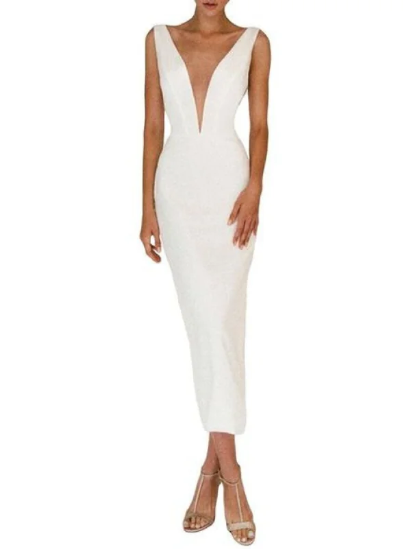 Sheath/Column V-Neck Sleeveless Tea Length MInimalist Wedding Dress Wedding Dress Style