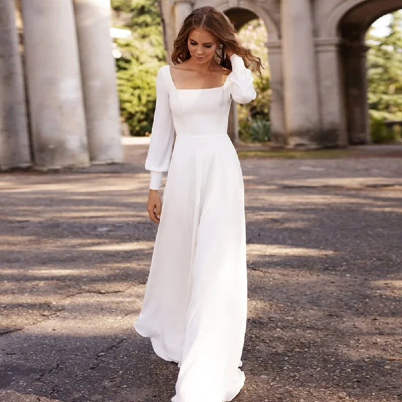 Long Sleeves Wedding Dress For Women Neck Bride Dresses A Line Marriage Off-shoulder Gown