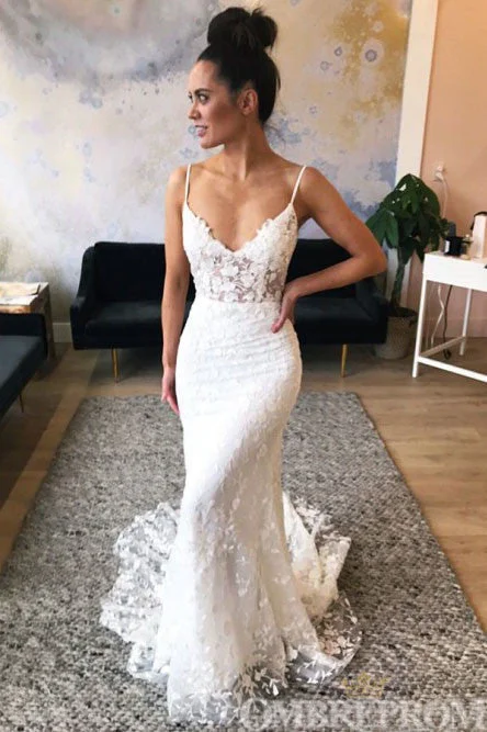 Spaghetti Straps V Neck Mermaid Wedding Dresses Lace Bridal Gown Simple Wedding Dress