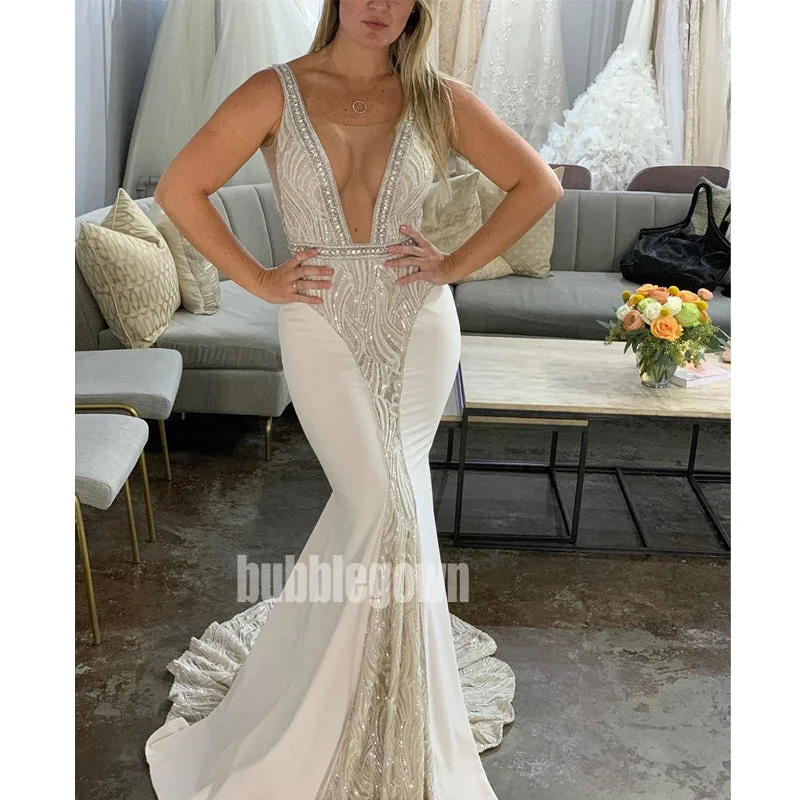 Unique Deep V-neck  Spaghetti Strap Mermaid Dream Wedding Dresses, BGH050 Ruffled Wedding Dress