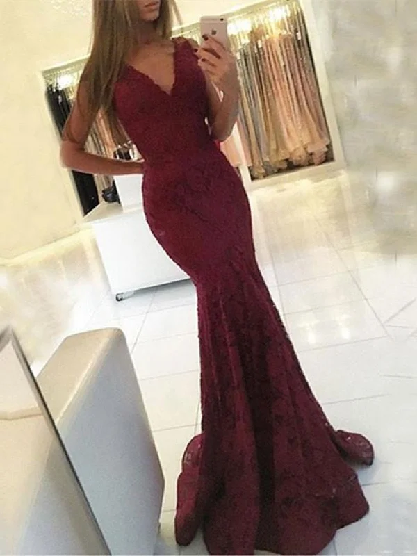 Sexy V Neck Mermaid Maroon Lace Prom Dress, Lace Formal Dress, Lace Mermaid Bridesmaid Dress Floral Wedding Gown