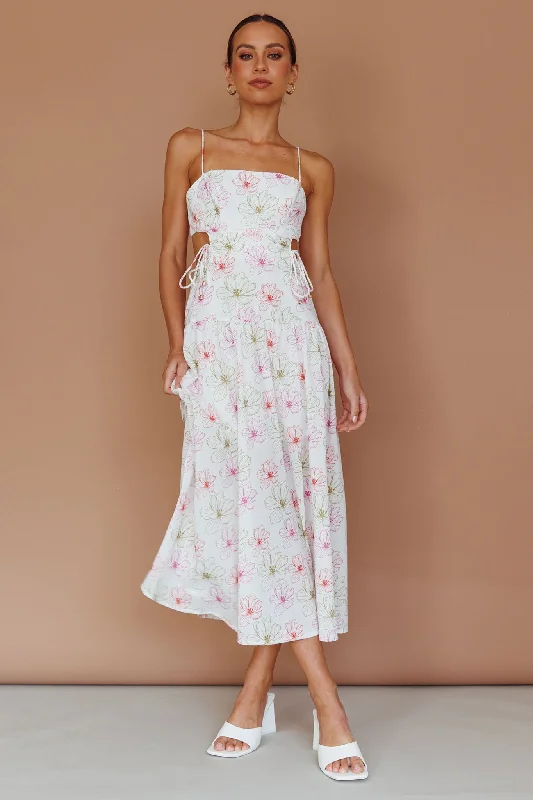 Aloha Cut-Out Waist Midi Dress Floral Pink Best midi dresses for summer vacation