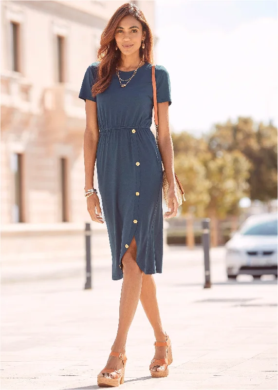 Button Detail Midi Dress - Blue Versatile midi dresses for all occasions