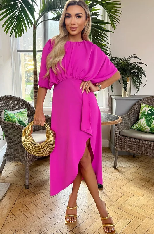 Millie Hot Pink Batwing Detail Dress Comfortable midi dresses for everyday wear