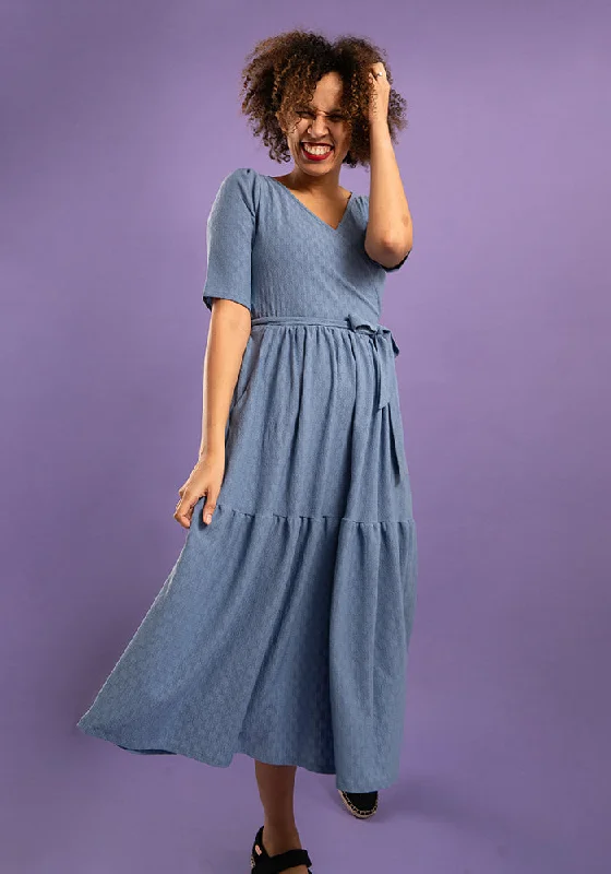 Tate Denim Blue Tiered Hem Midi Dress Expensive midi dresses