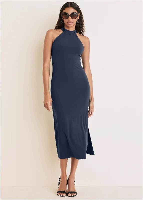 High Neck Midi Dress - Navy Street style midi dresses