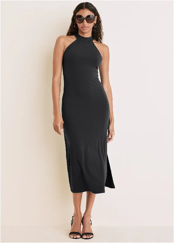 High Neck Midi Dress - Black Vacation midi dresses