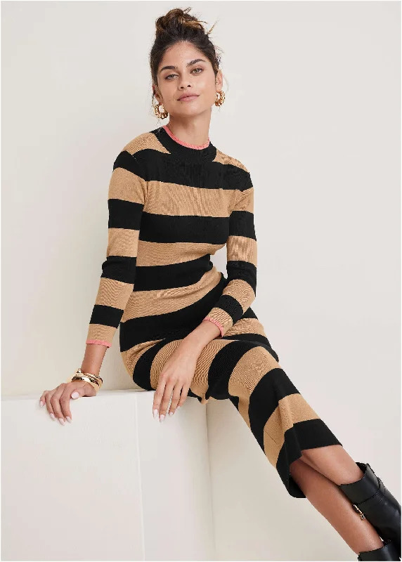 Stripe Midi Sweater Dress - Black & Tan New Year's Eve midi dresses