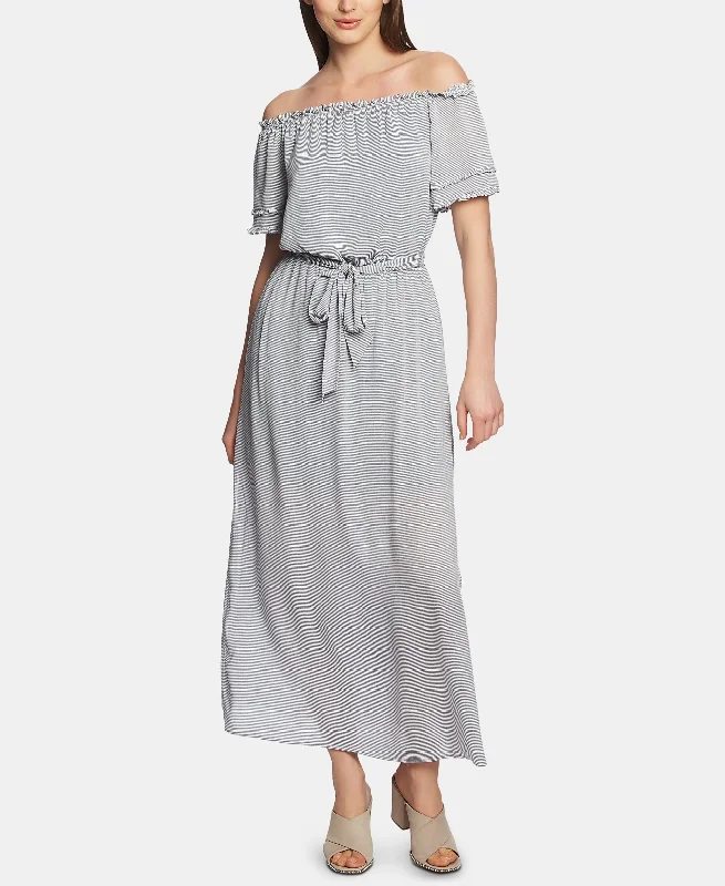 1.State Off The Shoulder Pinstriped Maxi Dress Sleeveless maxi dresses