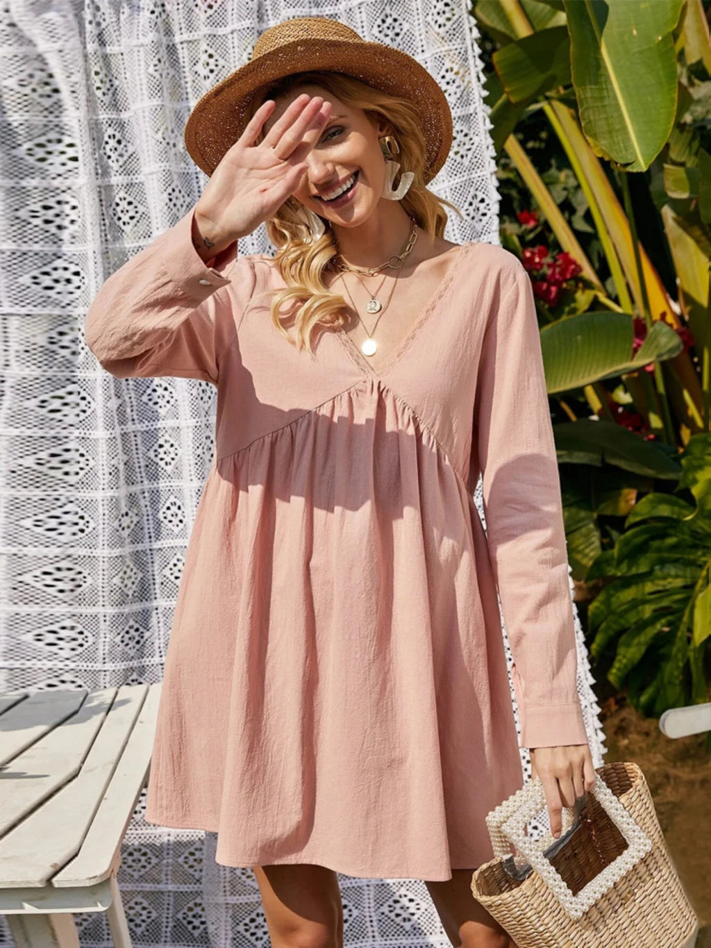 LOOSE CASUAL V-NECK LONG SLEEVE DRESS Office maxi dresses