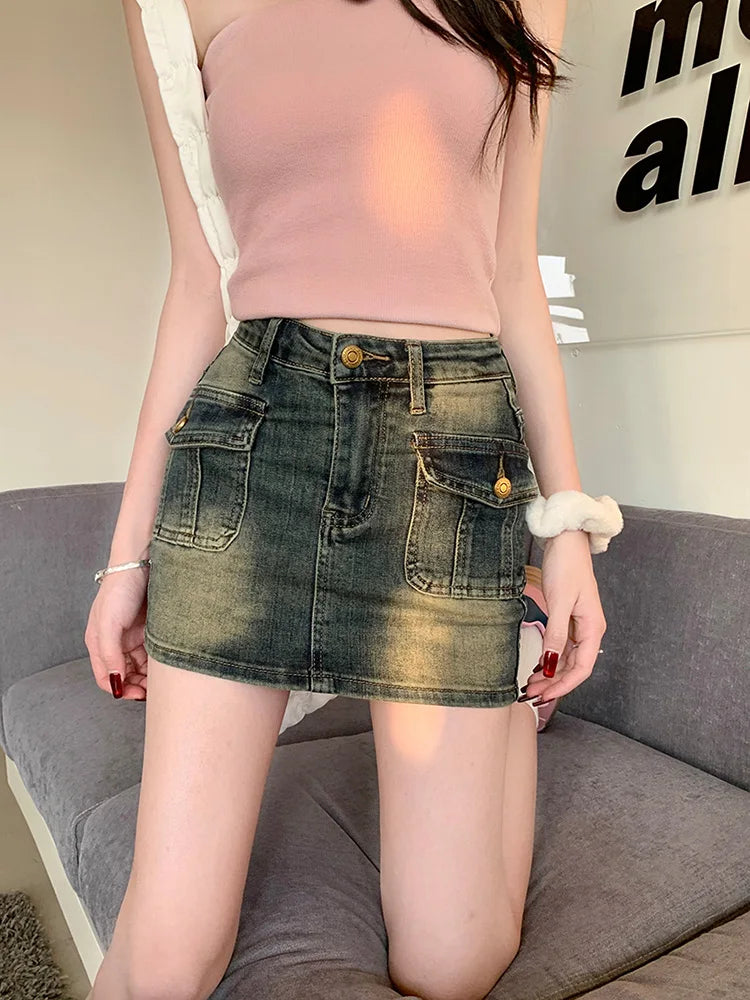 American Retro Korean Style High Waist Short Skirts Ripped Denim Skirt