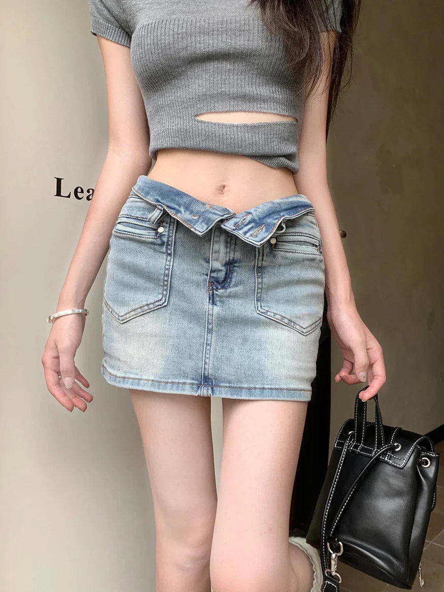 Denim Bodycon Y2k Streetwear Fashion Mini A-Line Skirt Distressed Mini Skirt