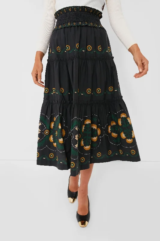 Black Perle Print Tiered Skirt Denim unclassified skirts