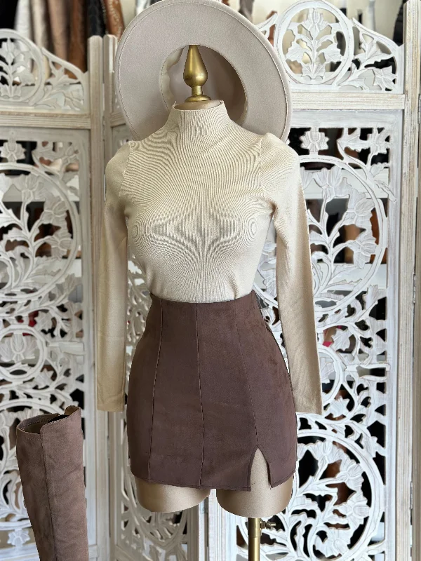 Brown Slit Suede Mini Skirt Classic Denim Mini