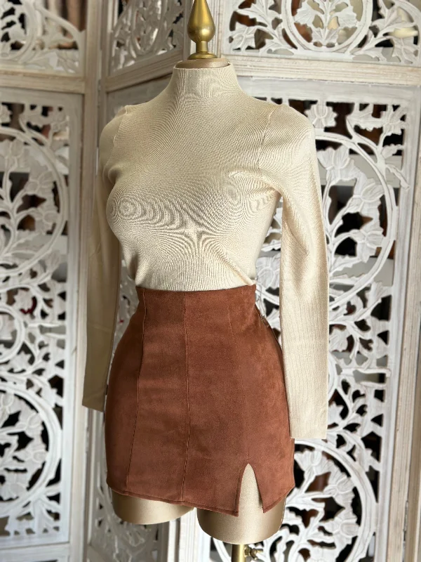 Copper Slit Suede Mini Skirt Mini Skirt with Belt