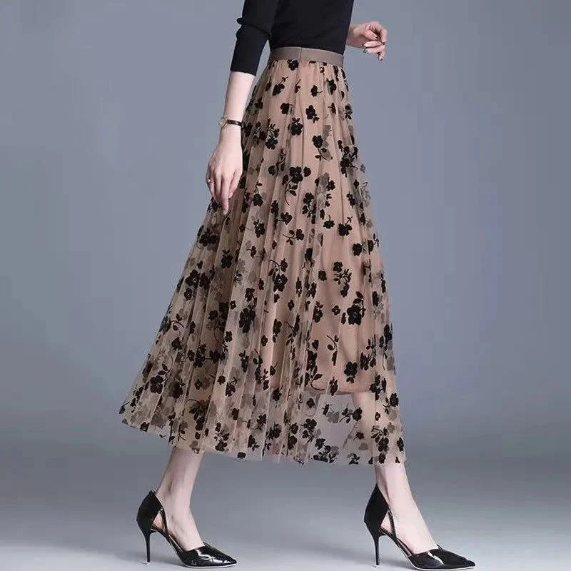 Gauze Skirt Female Floral Fairy Skirt Pleated A-line Skirt Mid-length High Waist Slimming Mesh Skirt Women's Skirt Holiday unclassified skirts