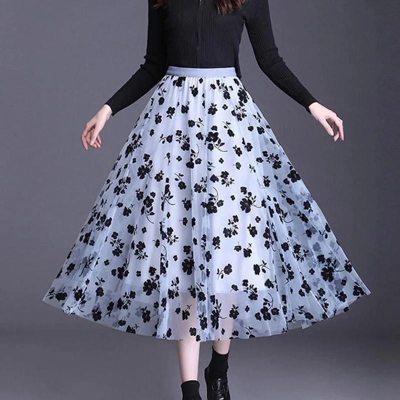 Mesh Floral Skirt Women's Spring/Summer High Waist Mid-Length A-Line Pleated Skirt Date night unclassified skirts