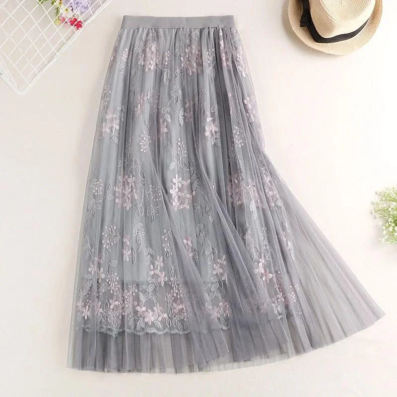 Woman Spring Summer Embroidered High Waist A-line Mesh Casual Skirt Vintage Sweet Fairy Party Skirt Plus size unclassified skirts