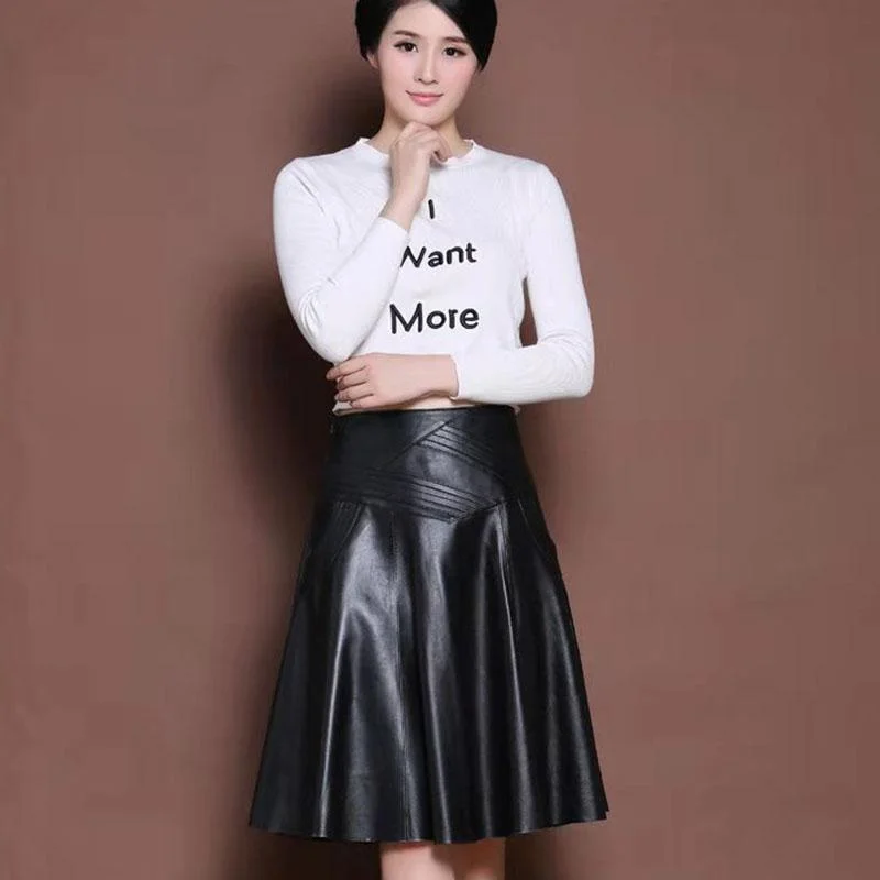 Women PU Leather Skirt Black High Waist  Pleated Skirt Slim Mid-length Plus Size A-line Skirt Autumn Winter Velvet unclassified skirts