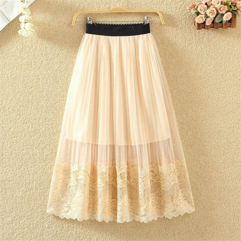 Women Summer Vintage Lace Elastic Waist Casual Skirt Versatile Medium Length Fairy Mesh Pleated Pompon Skirt Bold pattern unclassified skirts