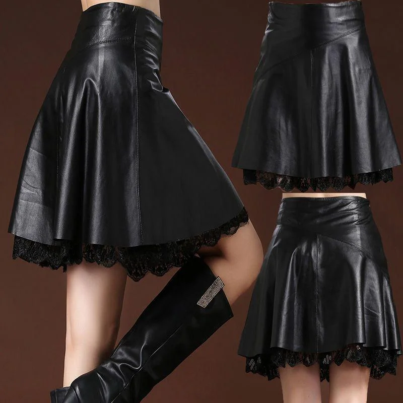 Women's Plus Size Leather Skirt High Waist Sexy Lace Stitching A-line Skirt Autumn Winter Sexy Pleated Skirt Women's unclassified skirts