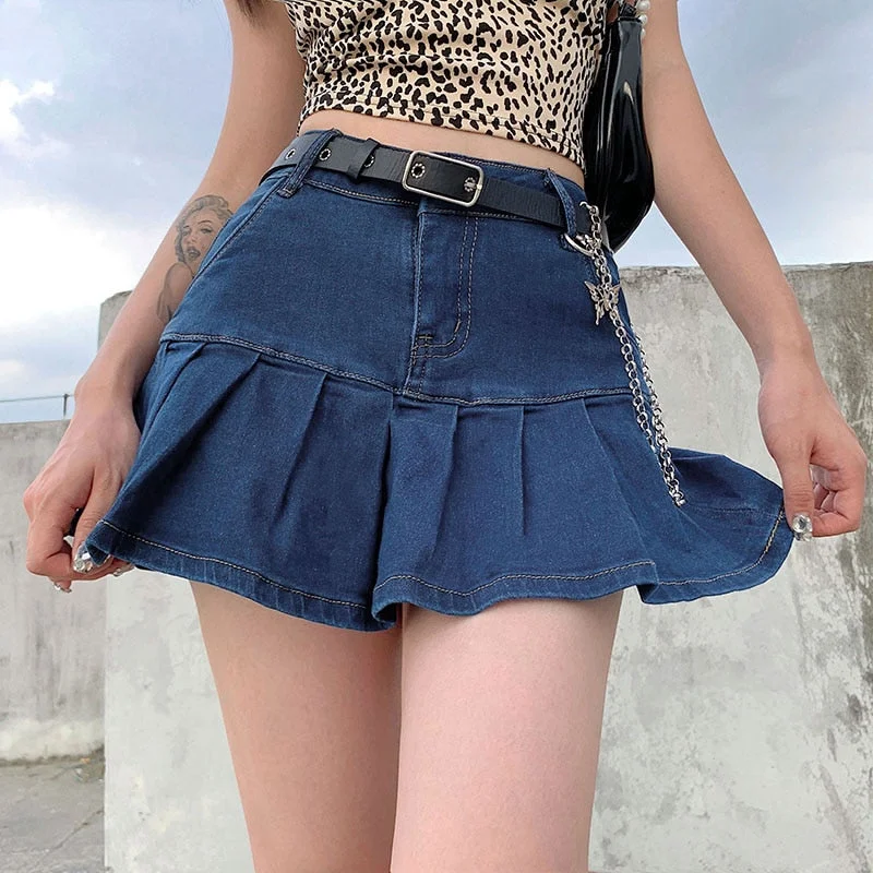 Denim Mini Pleated Skirt Ladies Summer High Waist Jeans Shorts Skirts Casual Summer Skirt