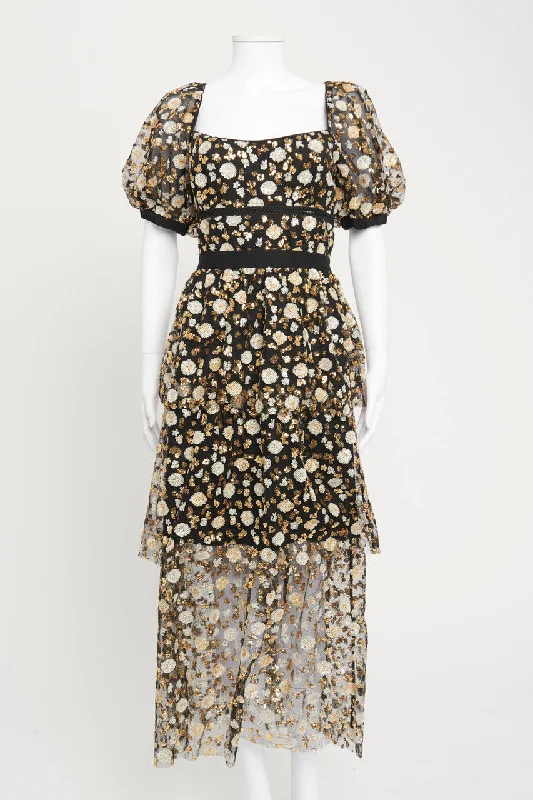 Black Mesh Gown with Floral Gold Sequin Embellishment Spring party dresses