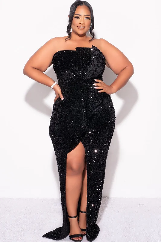 Final Sale Plus Size Strapless Pleated Ruffle Sequin Gown with Front Slit in Black Sexy little black party dresses