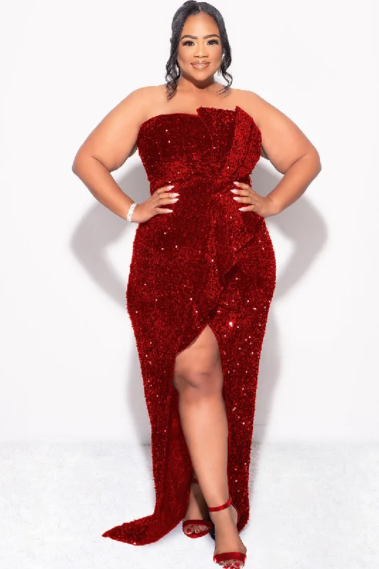 Final Sale Plus Size Strapless Pleated Ruffle Velvet & Sequin Gown with Front Slit in Red Best party dresses for wedding guests