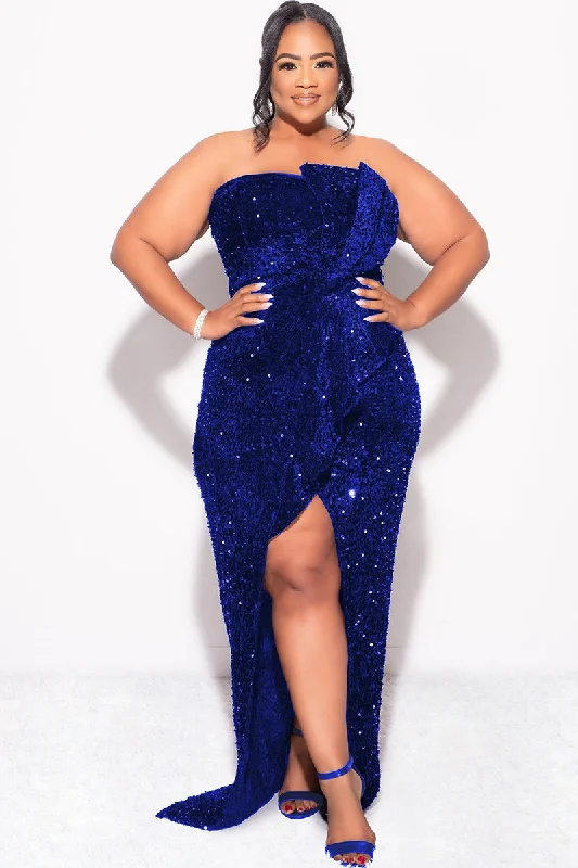 Final Sale Plus Size Strapless Pleated Ruffle Sequin Gown with Front Slit in Royal Blue Best party dresses for tall women