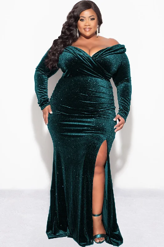 Final Sale Plus Size Glitter Off the Shoulder Velvet Gown with Slide Slit in Hunter Green Outdoor party dresses