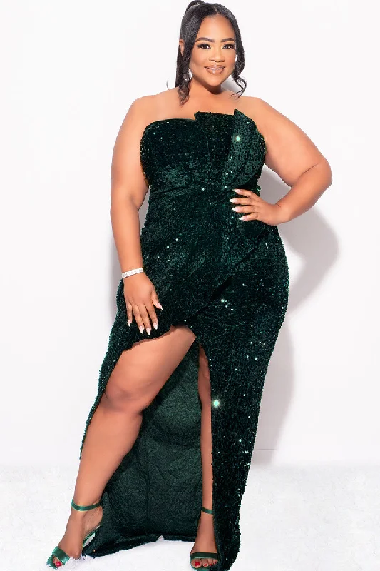 Final Sale Plus Size Strapless Pleated Ruffle Velvet & Sequin Gown with Front Slit in Green Designer party dresses