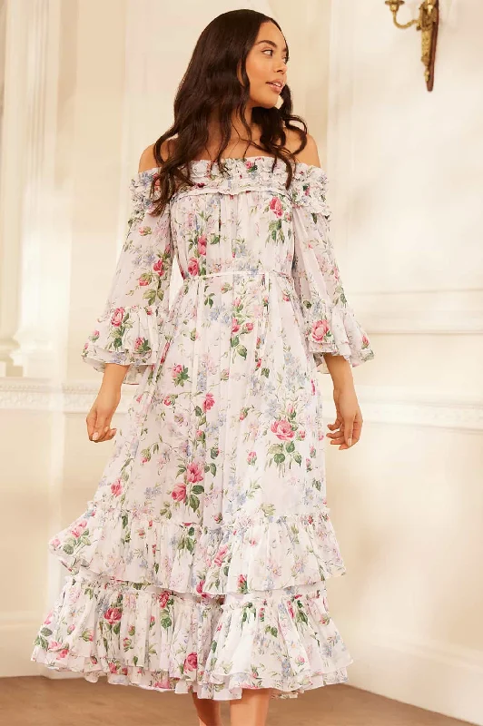 Floral Fantasy Chiffon Off-Shoulder Ankle Gown Corset party dresses