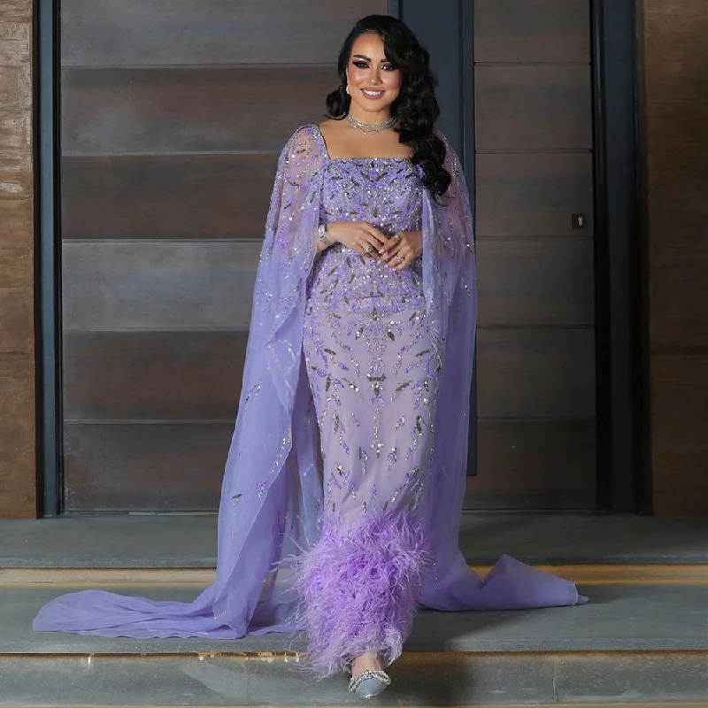 Luxury Feathers Lilac Evening Dress with Cape Sleeves SS381 Discounted unclassified dresses