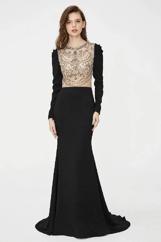 Angela & Alison - Illusion Embellished Trumpet Evening Dress 81056 - 1 pc Black In Size 14 Available Plus size unclassified dresses