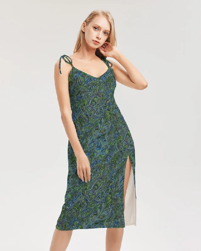 Blue Green Liquid Marbling Women's Tie Strap Split Dress Women's unclassified dresses