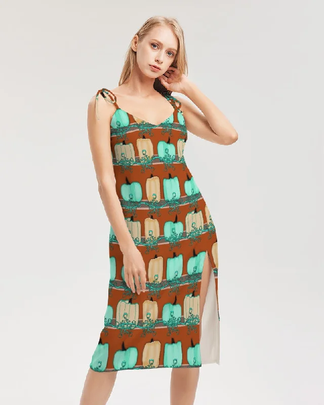 Blue Green Pumpkins Women's Tie Strap Split Dress Striped unclassified dresses