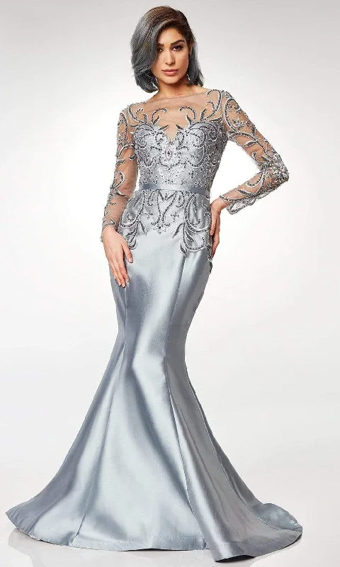 Clarisse - Scroll Motif Illusion Bateau Mermaid Gown M6523 - 1 pc Silver In Size 6 Available Corset unclassified dresses