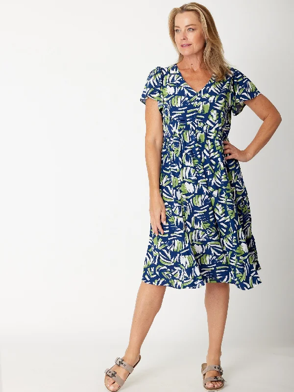 Flounce Sleeve Dress- 30674 Navy/Green Vacation unclassified dresses