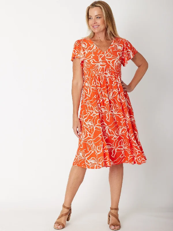 Flounce Sleeve Dress- 30674 Orange Flowy unclassified dresses