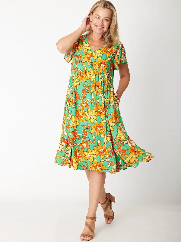 Flounce Sleeve Dress- 30674 Green Printed unclassified dresses