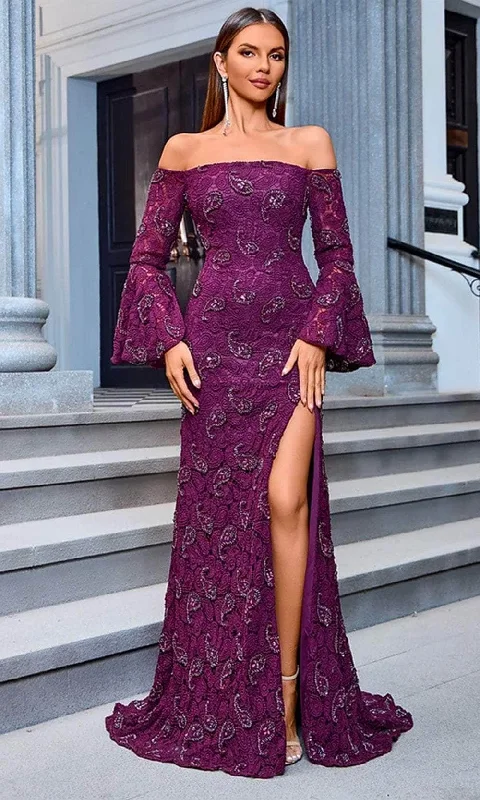 J'Adore Dresses JM207 - Off-Shoulder Flounce Sleeve Beaded Evening Dress Cotton unclassified dresses