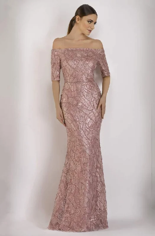 Janique - Embellished Off-Shoulder Trumpet Dress JA5017 - 1 pc Rose Gold In Size 10 Available Bright color unclassified dresses