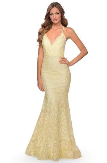 La Femme - Plunging V-Neck Thin Straps Mermaid Dress 28643SC - 1 pc Pale Yellow In Size 4 Available Y2K unclassified dresses