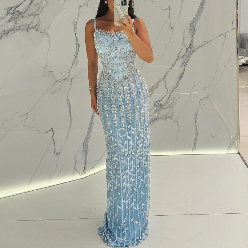 Luxury Beaded Blue Mermaid Evening Dress SS124 Designer unclassified dresses