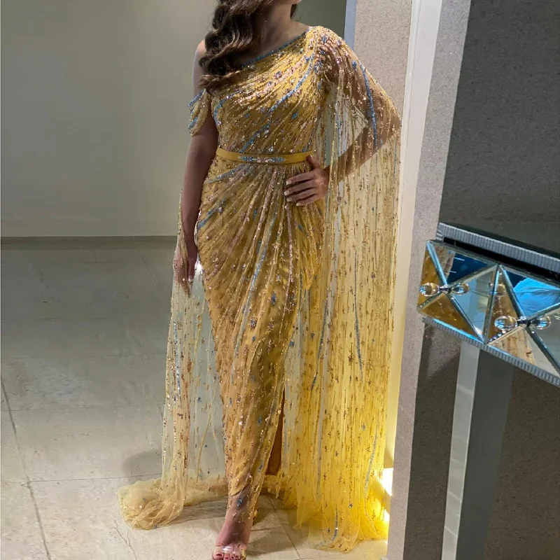 Colorful Beaded One Shoulder Yellow Evening Dress with Cape SS423 Travel unclassified dresses