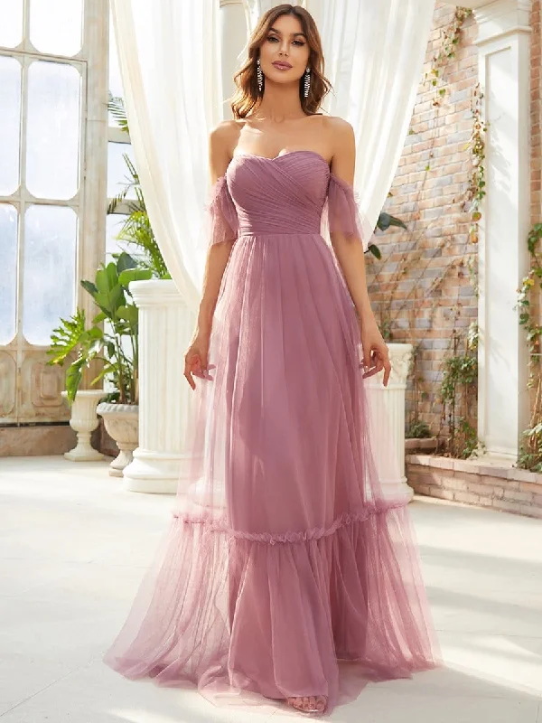 Off-Shoulder Sweetheart Double Layer Pleated Evening Dress Flowy unclassified dresses