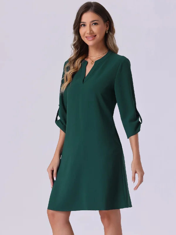 V Neck Roll-Up Sleeve Solid Color Casual Shift Dress Embroidered unclassified dresses