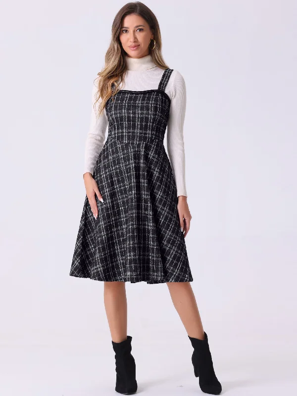 Tweed Plaid Sleeveless Pockets A-Line Pinafore Overall Dress Street style unclassified dresses